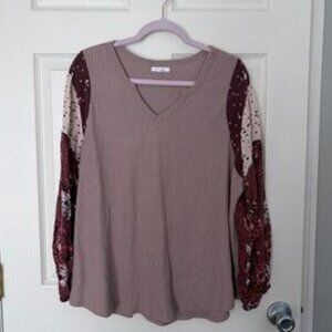 Mauve Waffle Knit Long Sleeve Top with Floral Balloon Sleeves